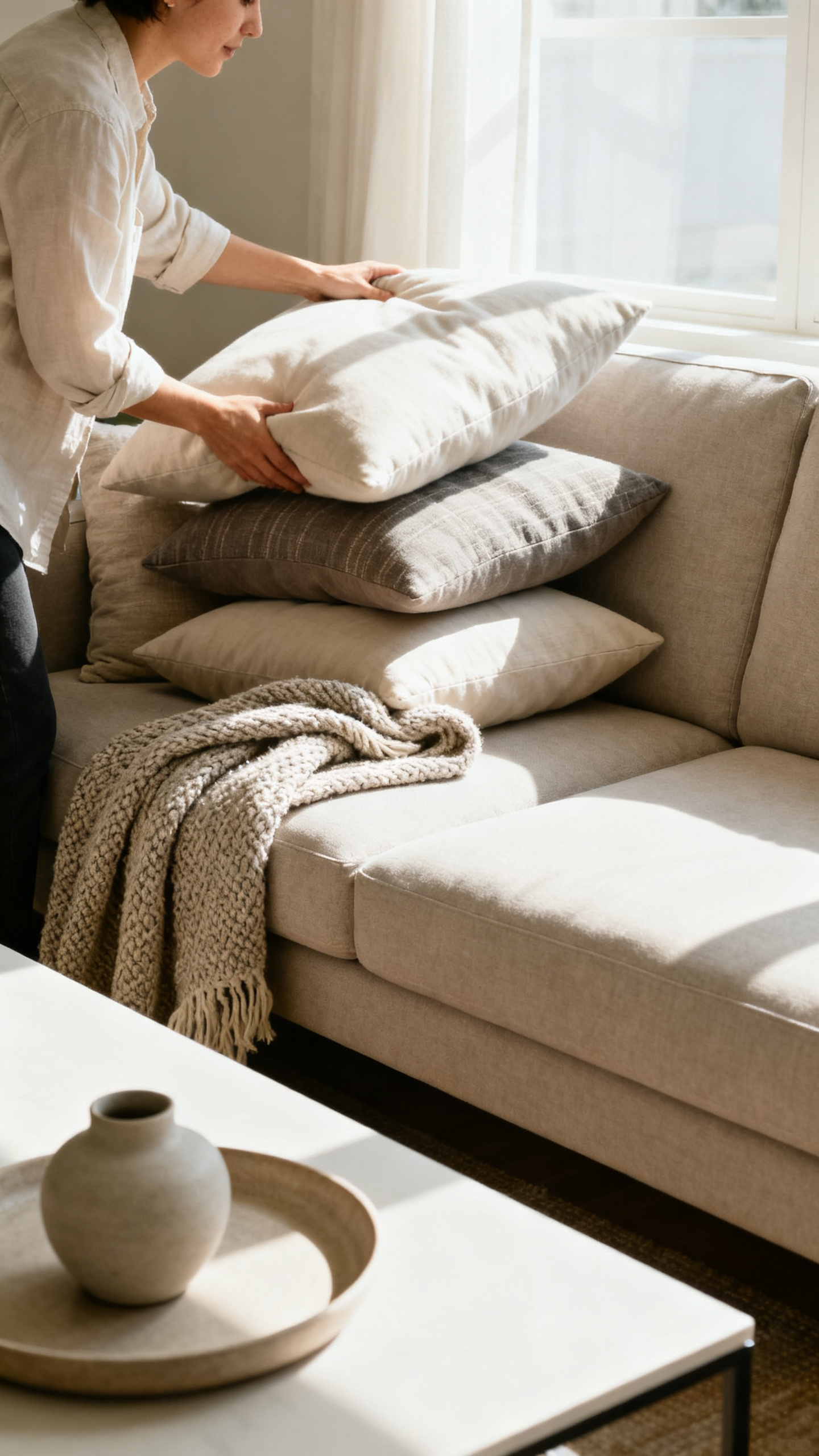 Person styling pillows and a throw on a neutral sofa