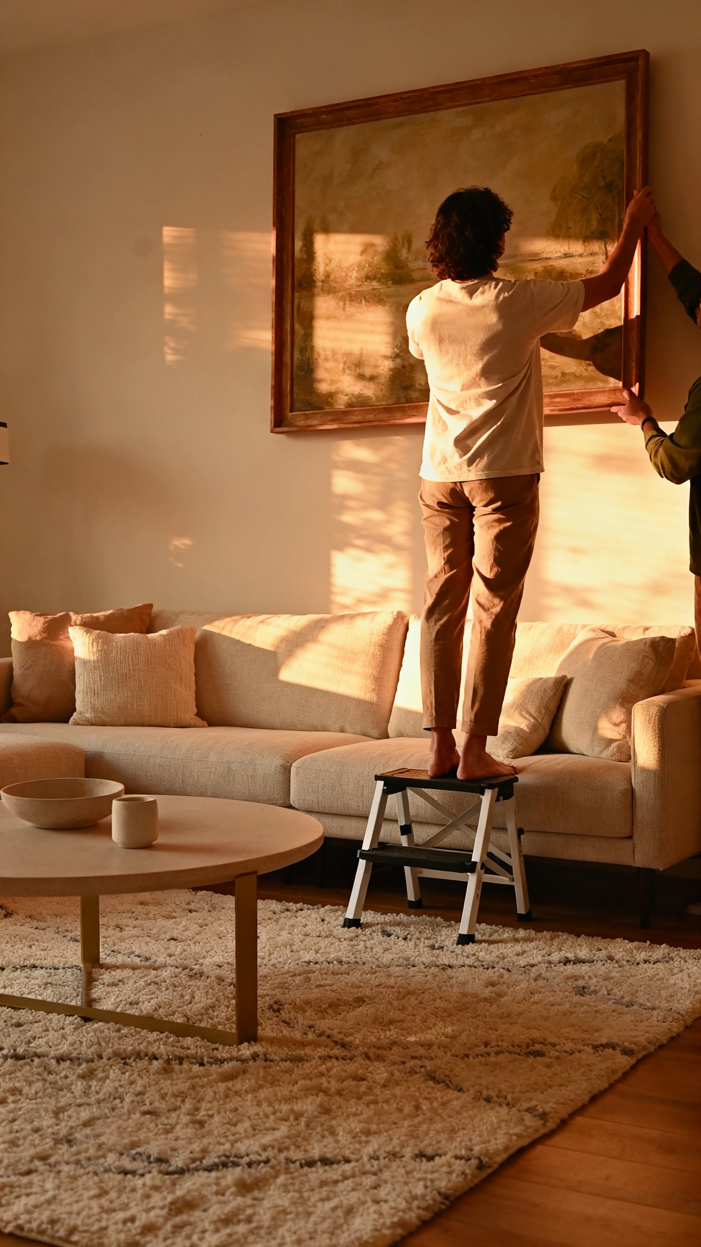 People hanging a large framed artwork above a living room sofa