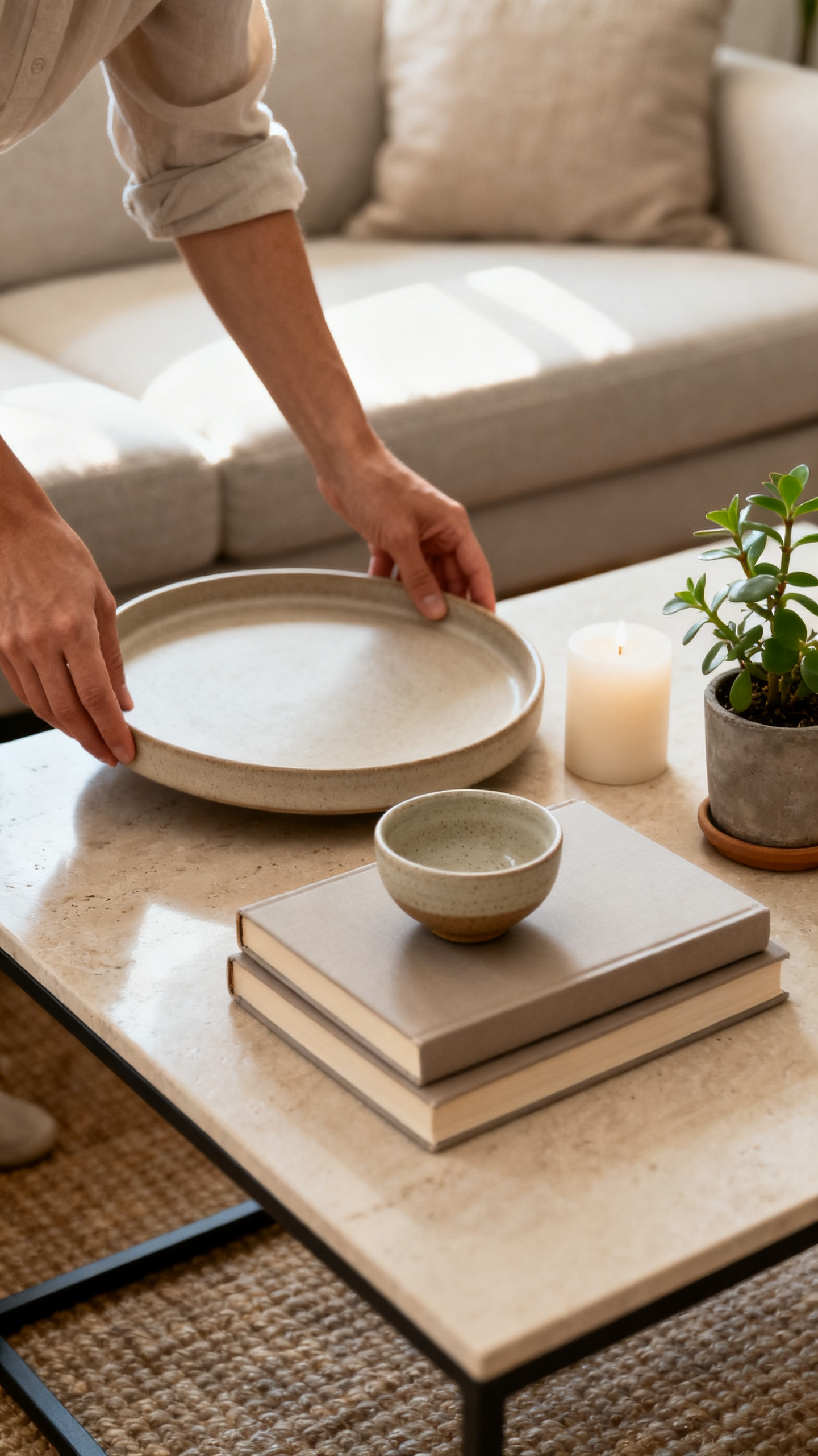 Hands styling a coffee table with tray, books, and a plant