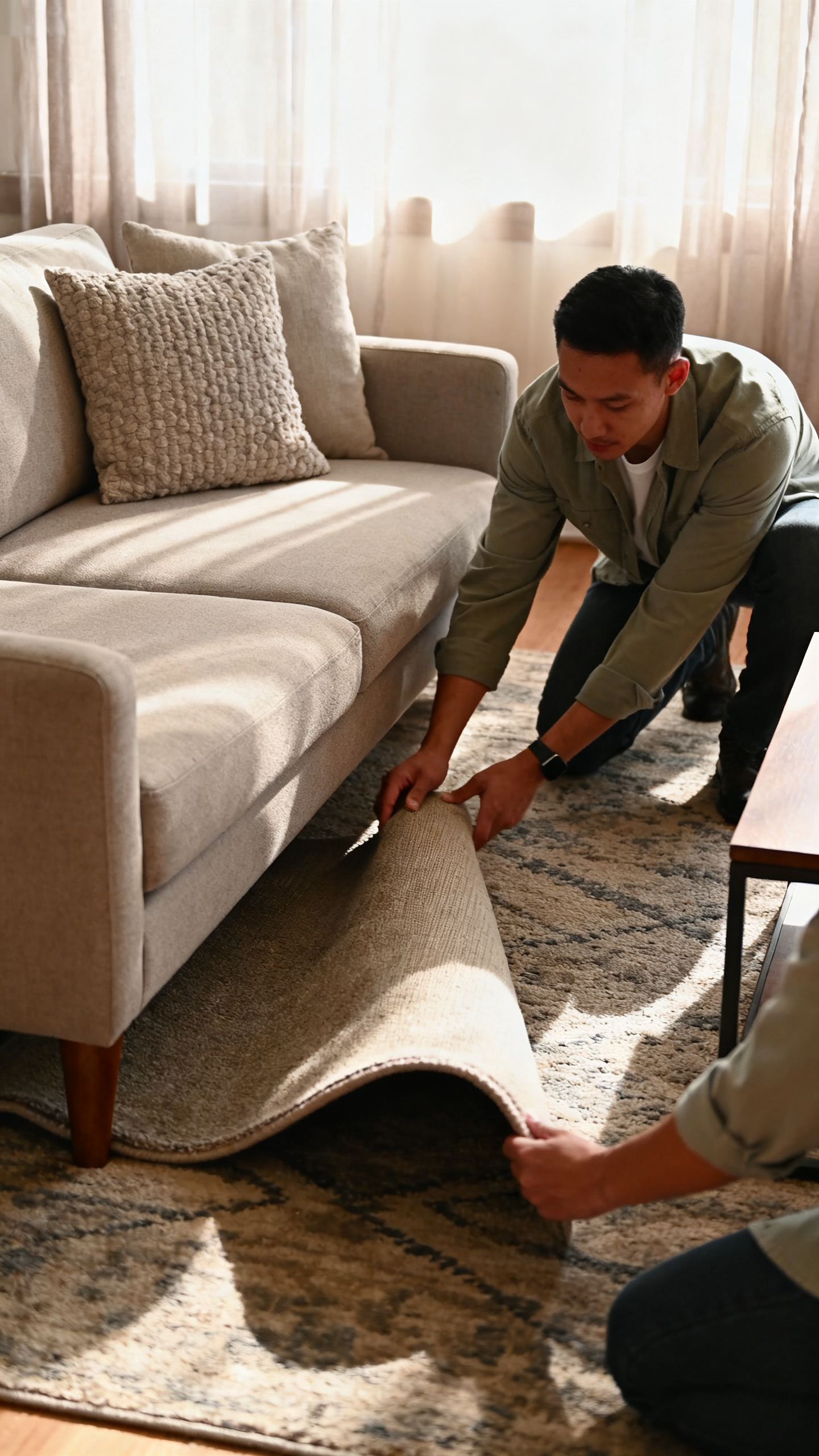 Person adjusting a properly sized rug under sofa legs