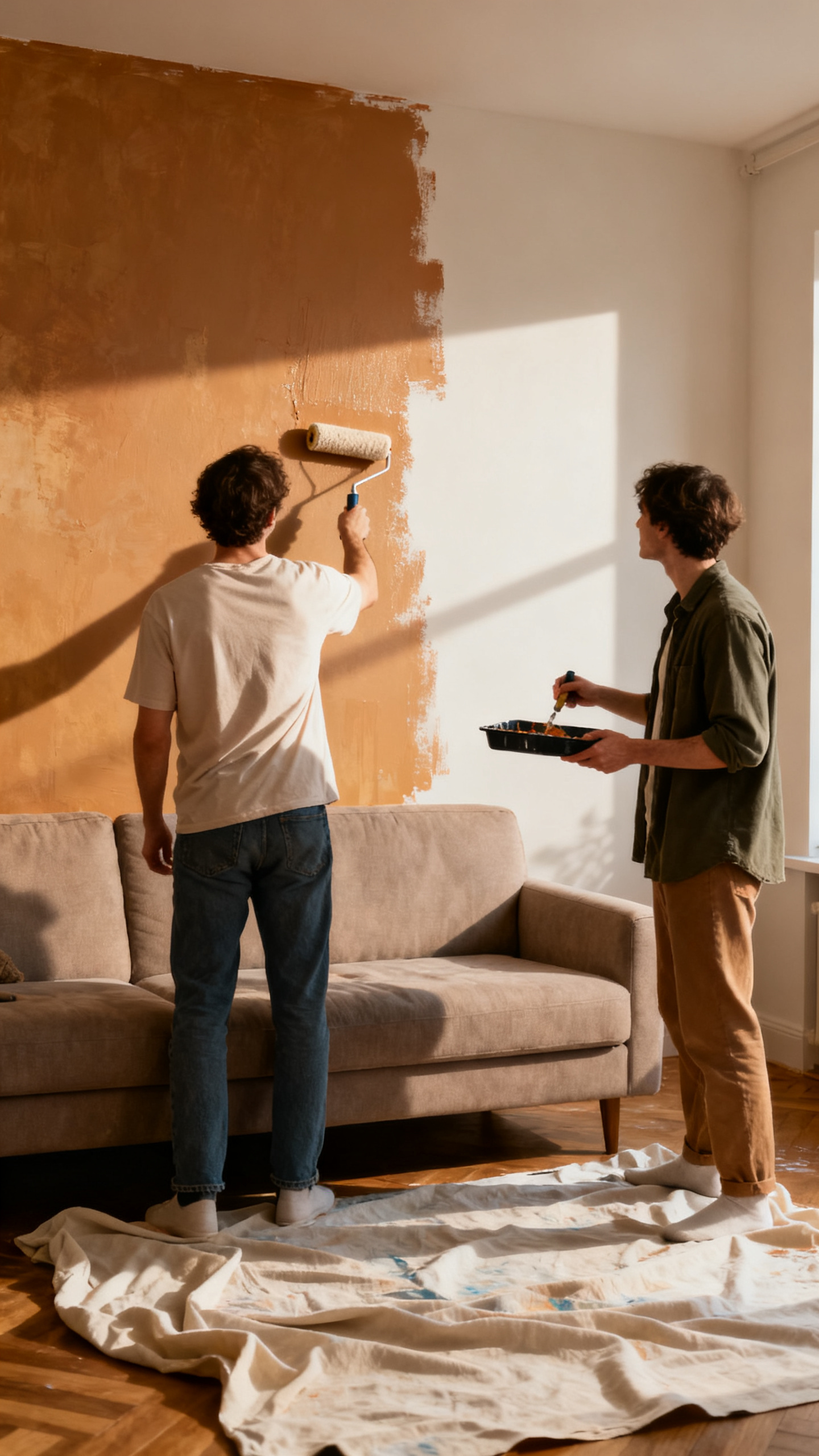 Person painting a living room accent wall behind a sofa