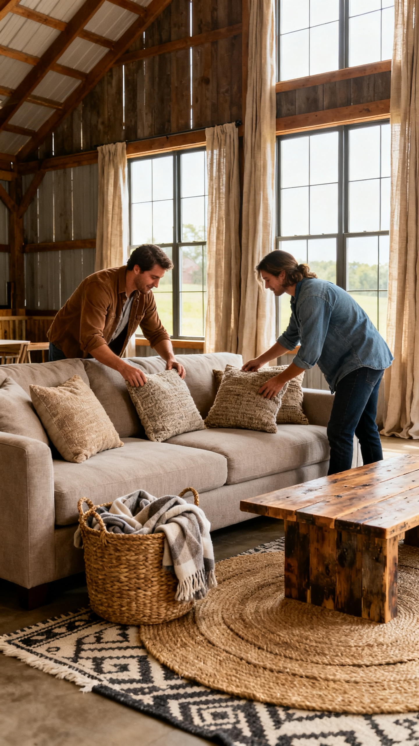 Two people arrange throw pillows on a beige sofa in a rustic living room with large windows, wooden walls, a woven rug, and a basket with blankets nearby.
