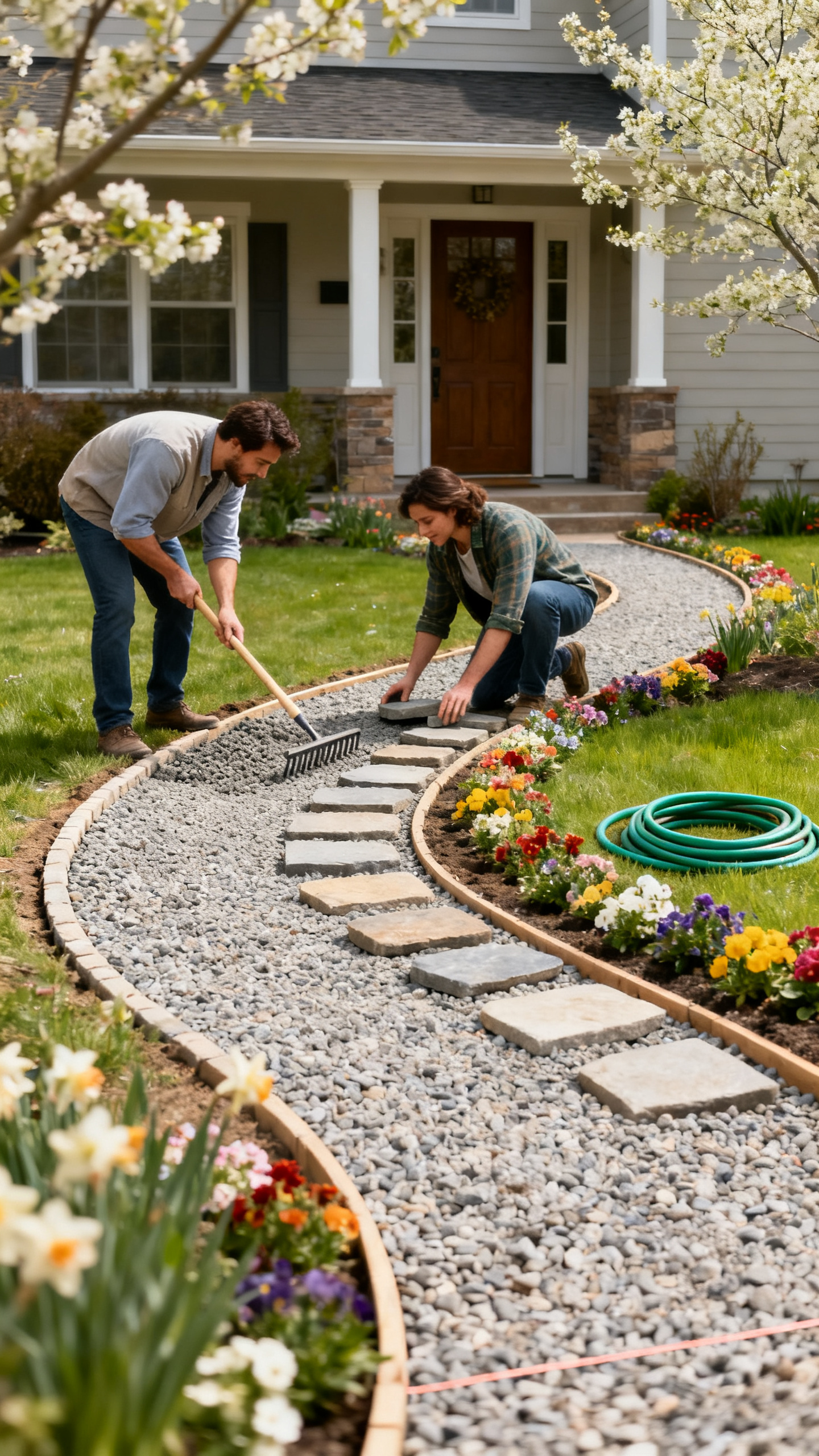 Couple building a curved gravel garden pathway with stepping stones