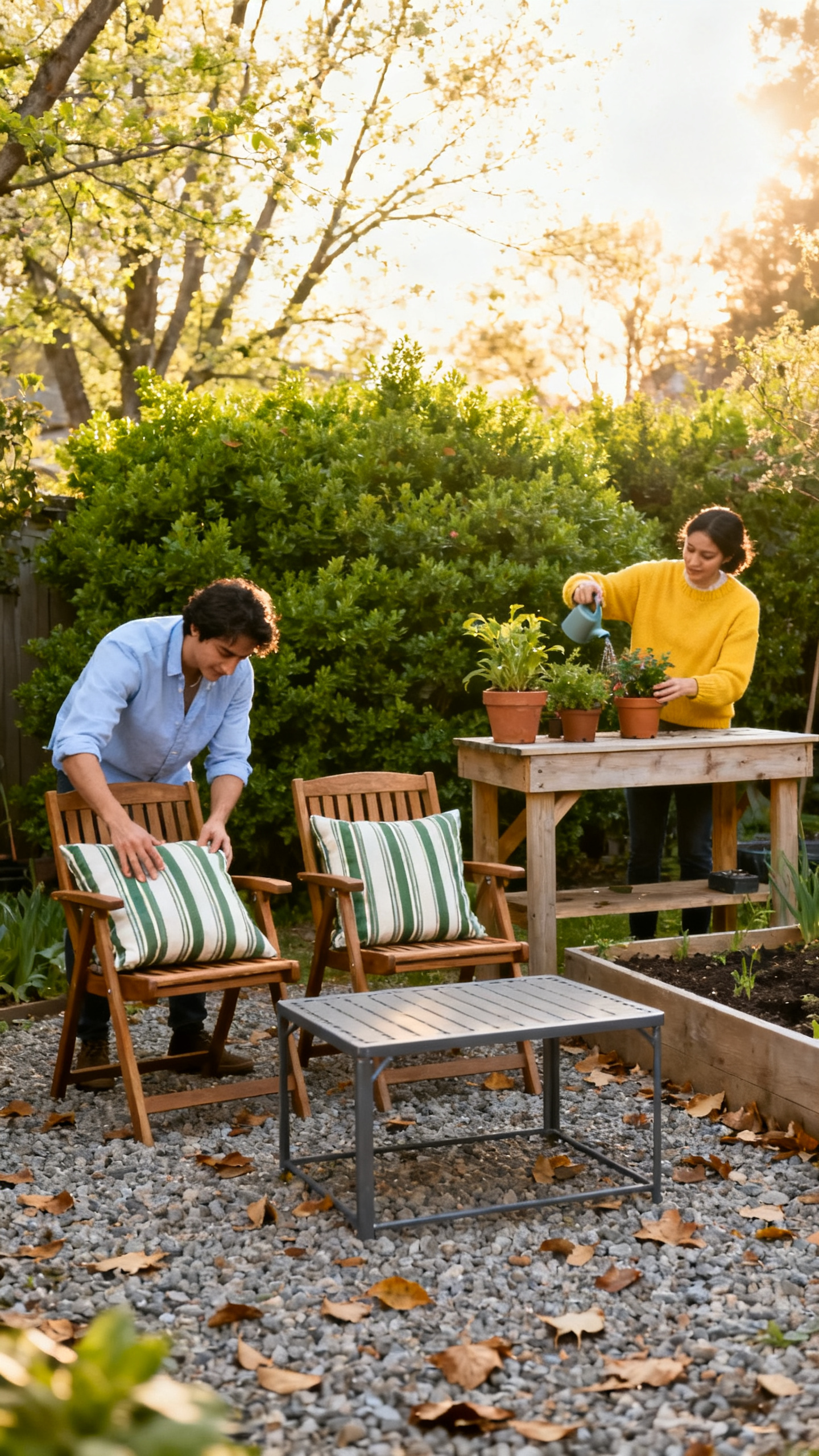 Backyard with seating and garden work zones being set up in spring
