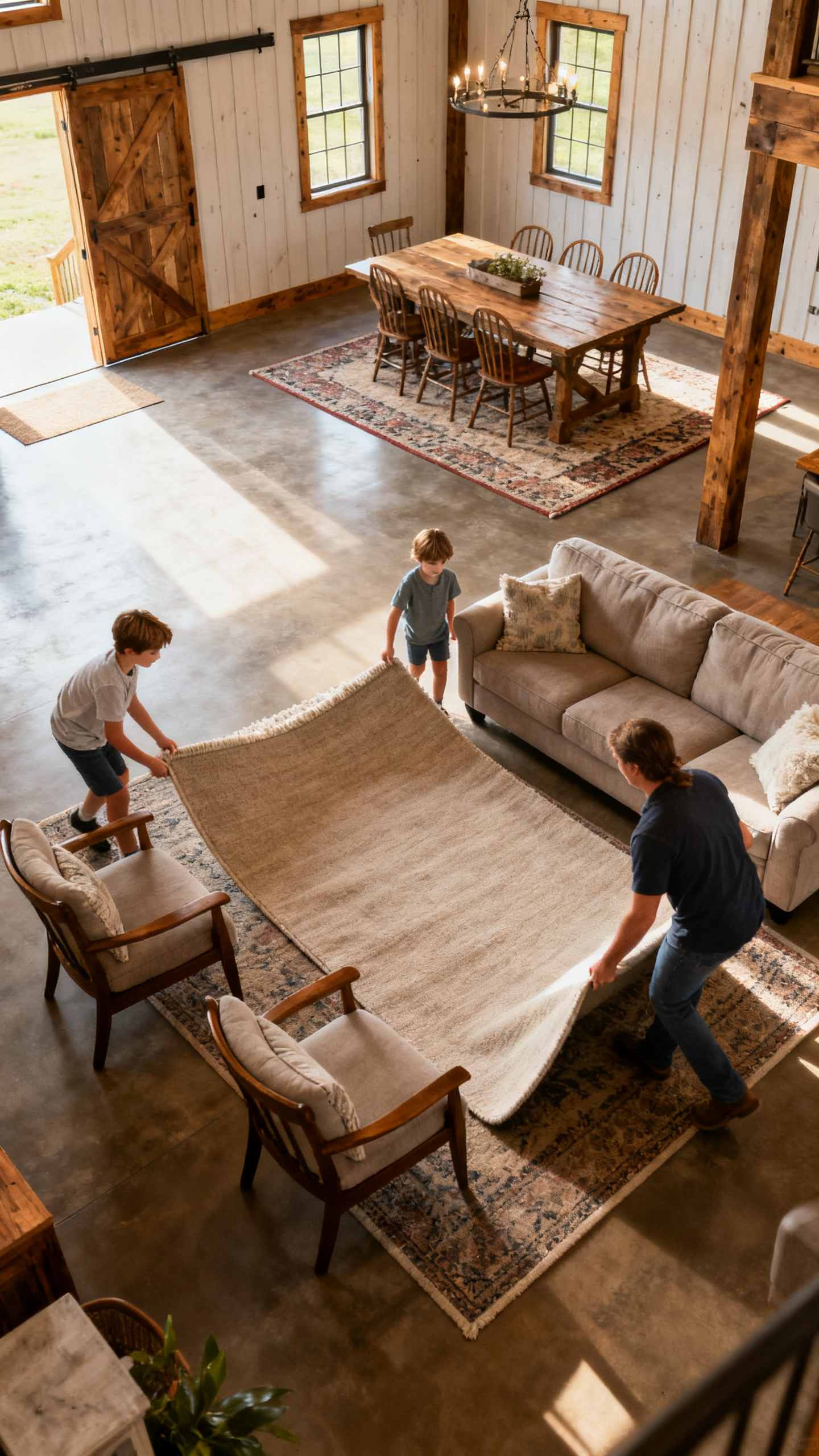 Family defining cozy zones in an open barndominium using layered area rugs