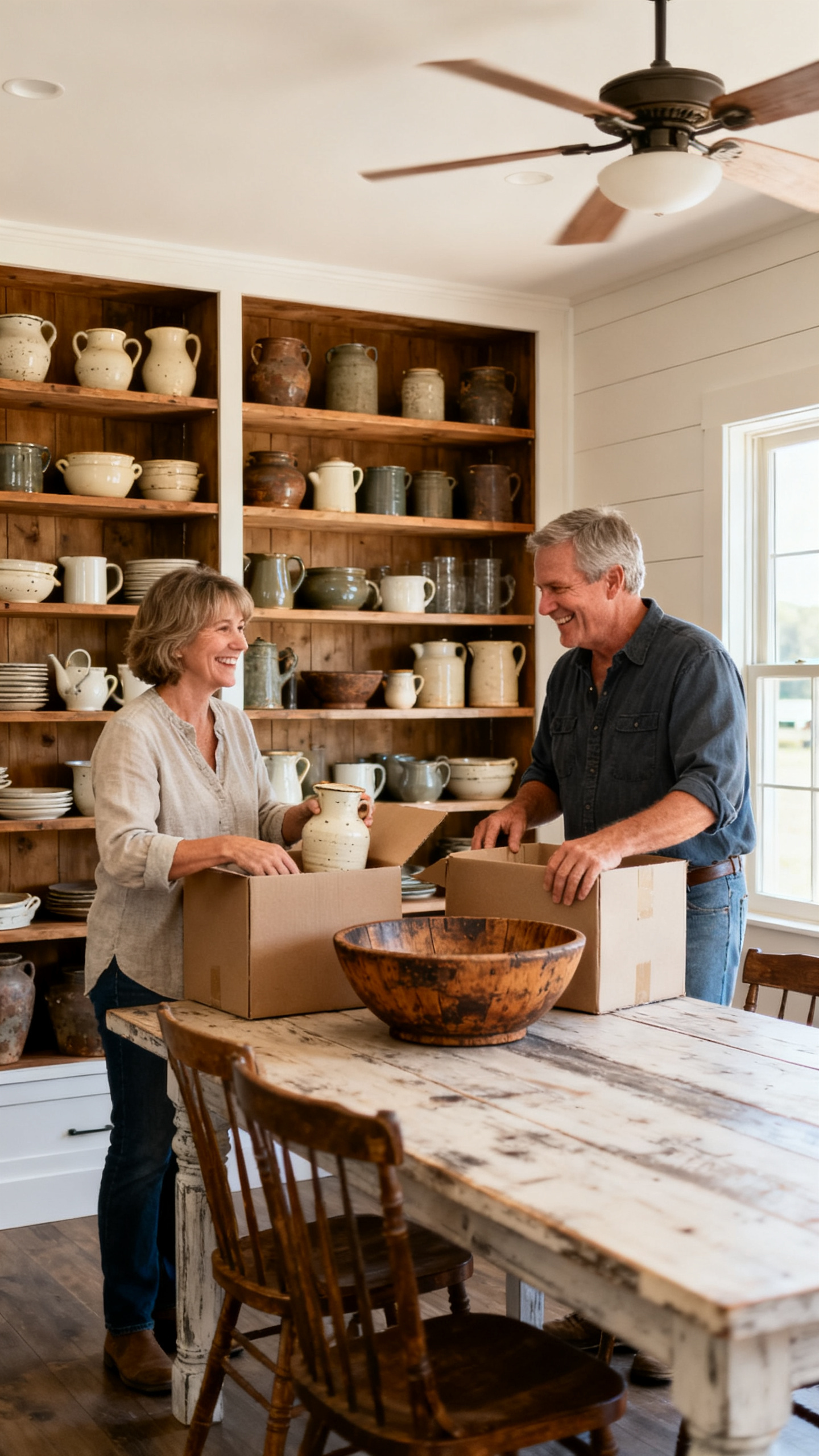 Couple styling a barndominium with vintage stoneware and rustic antique decor
