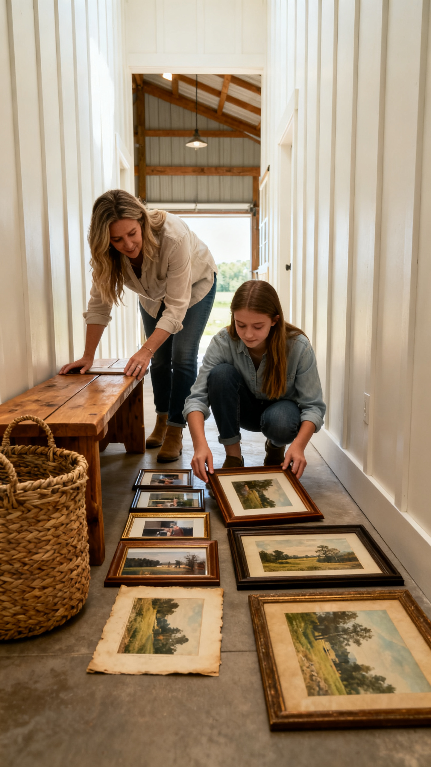 Mother and daughter planning a gallery wall to soften tall barndominium hallway walls