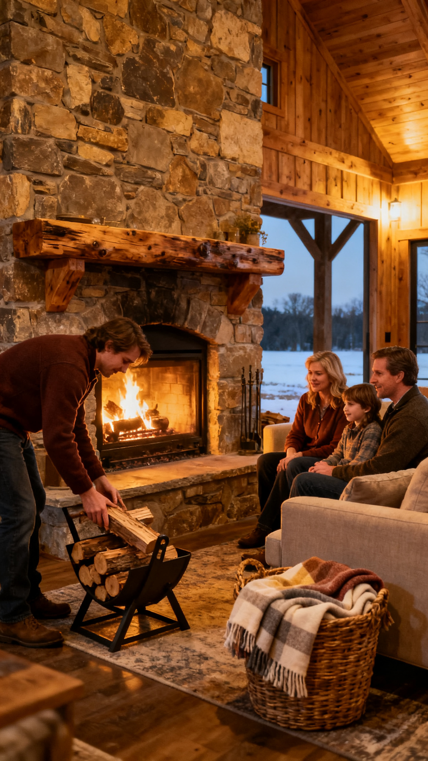 Family gathered by a rustic fireplace focal point in a Kentucky barndominium