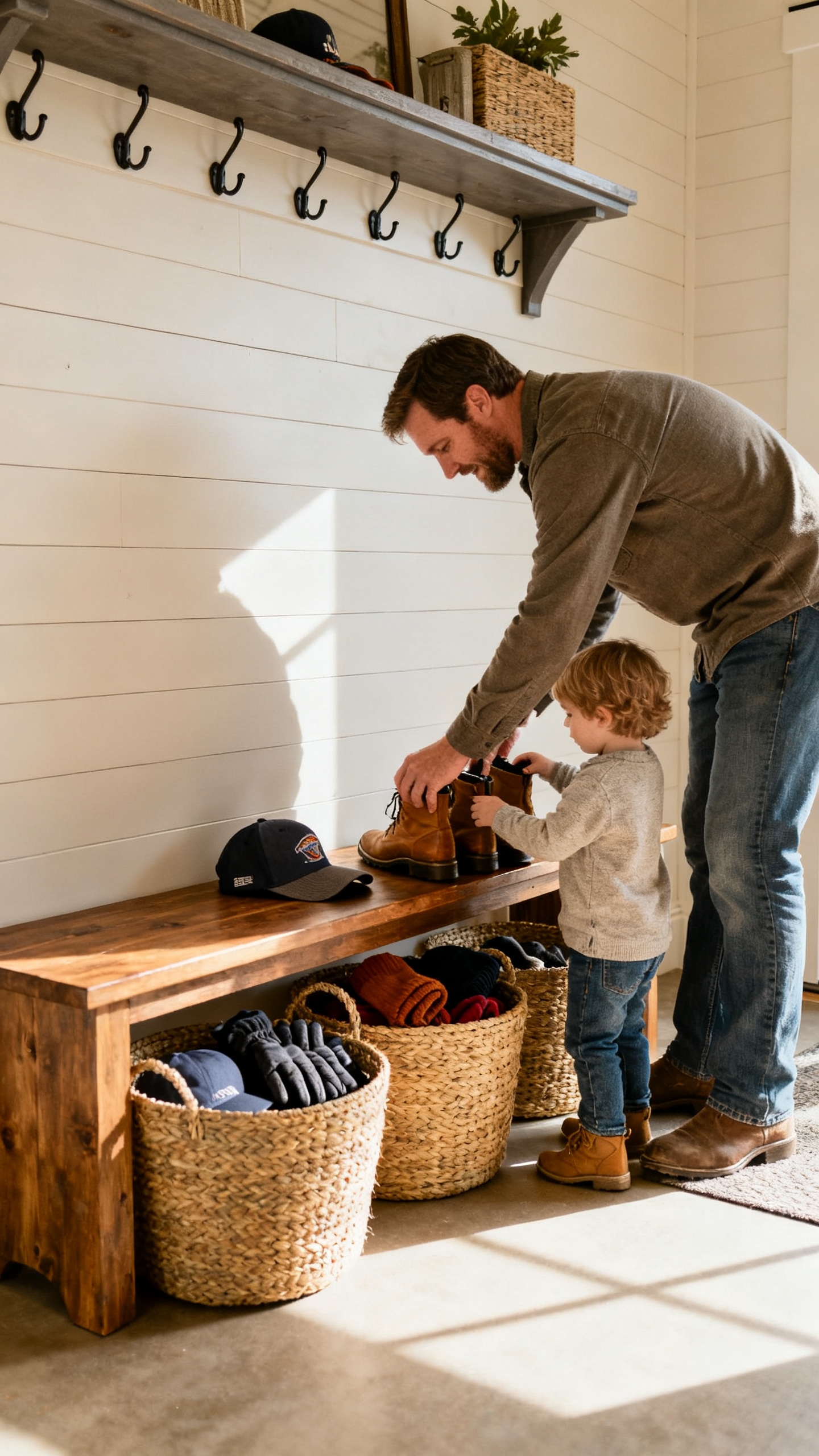 Dad and child organizing a barndominium entryway with woven baskets and practical storage