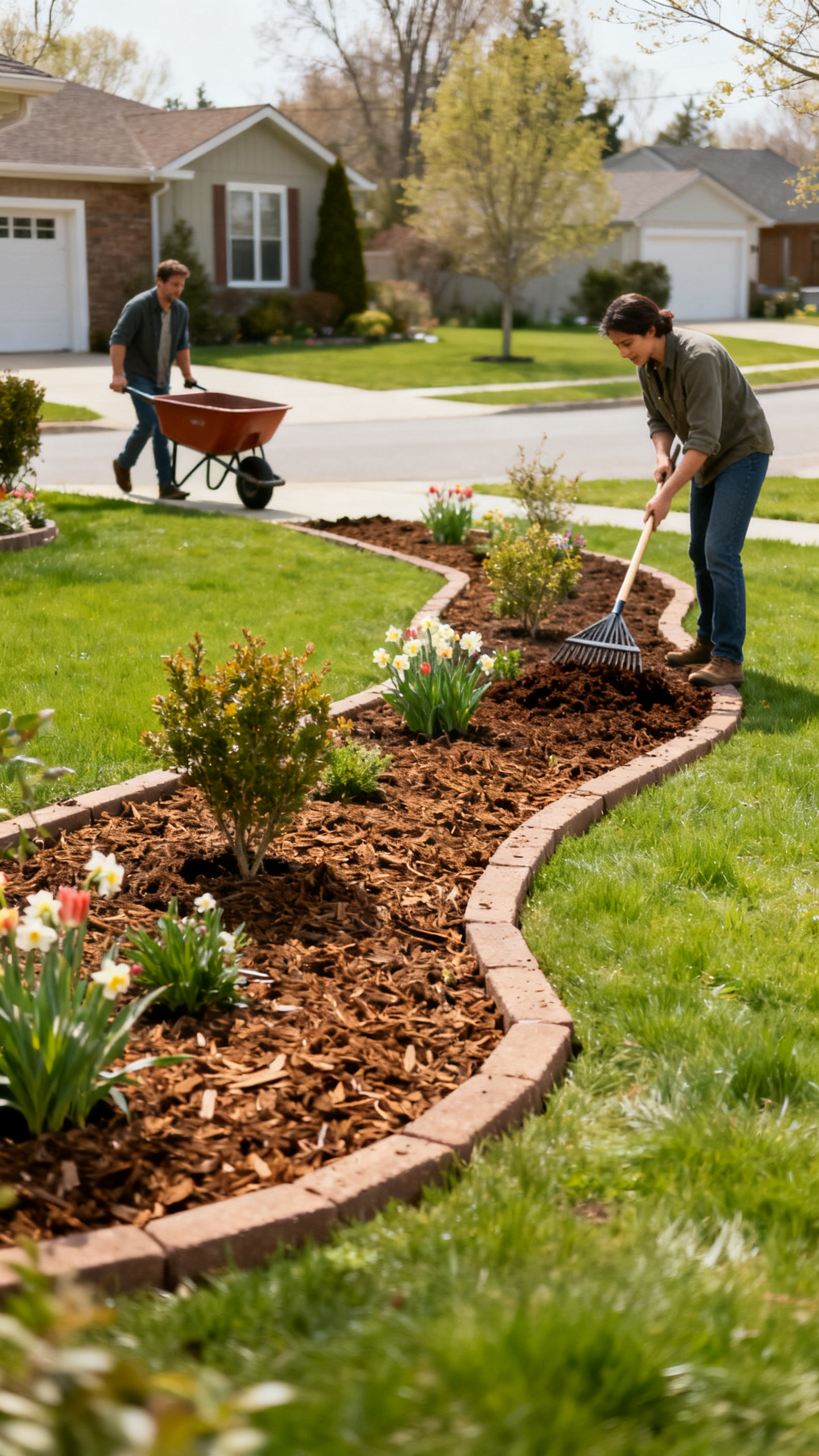 Person spreading fresh mulch in a spring garden bed with wheelbarrow nearby