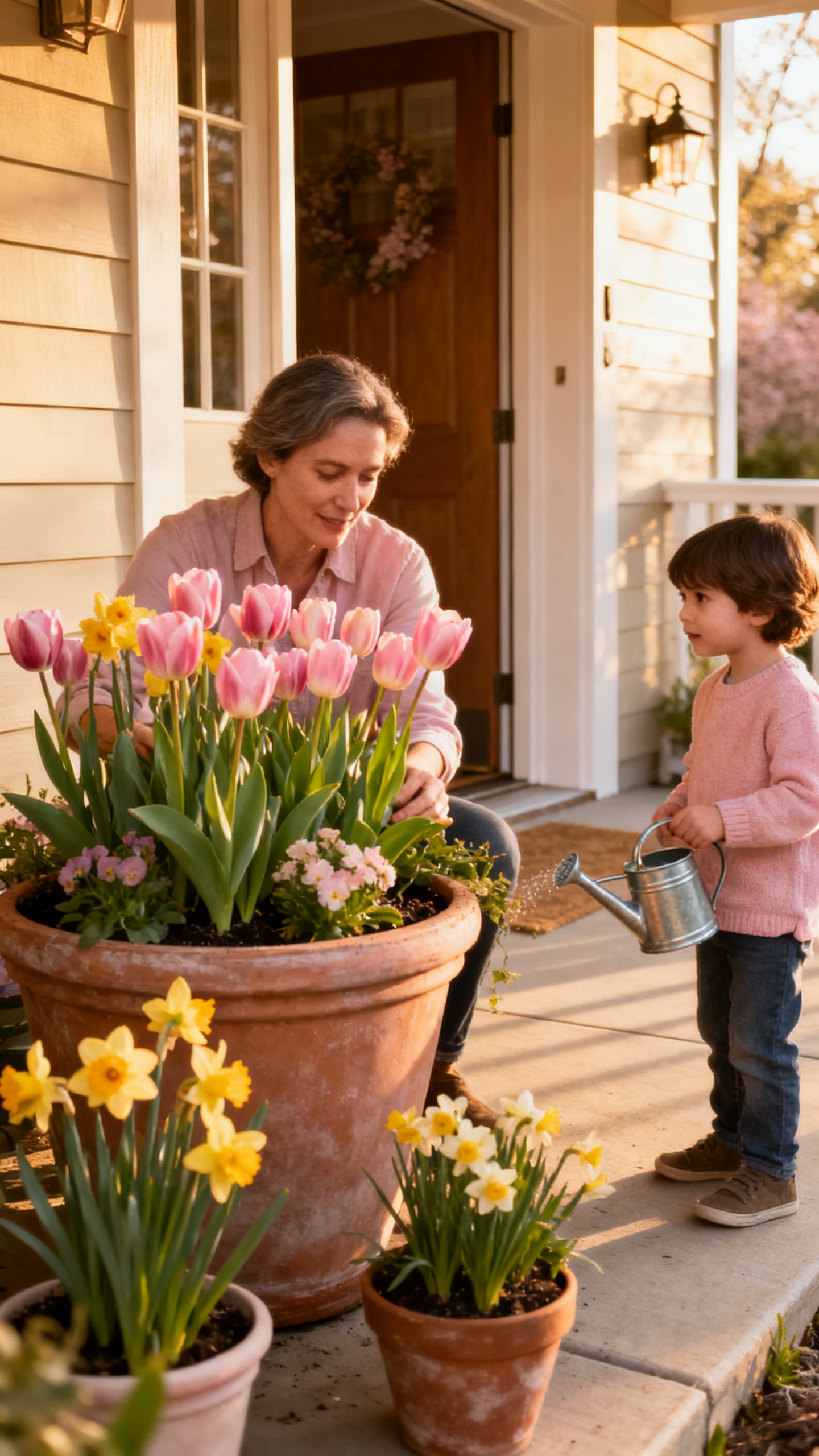 Homeowner arranging porch planters with spring tulips and daffodils
