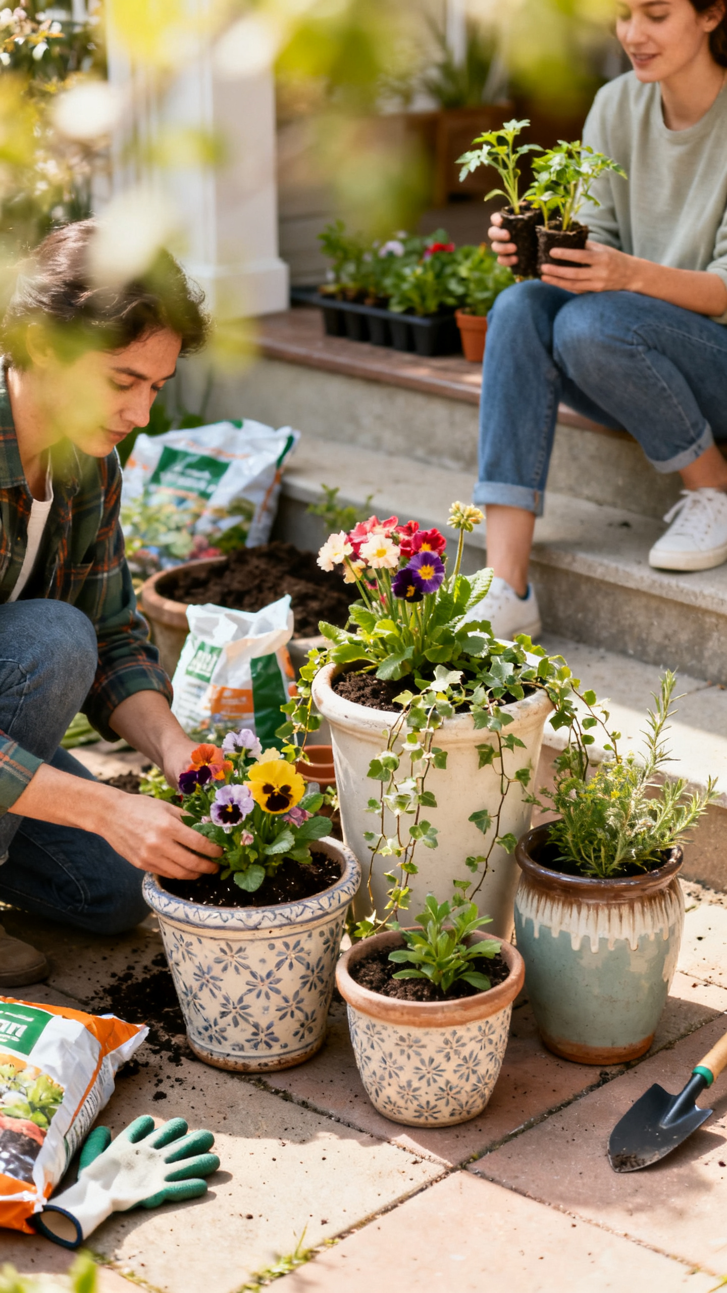 Person arranging spring container planters on a patio with flowers