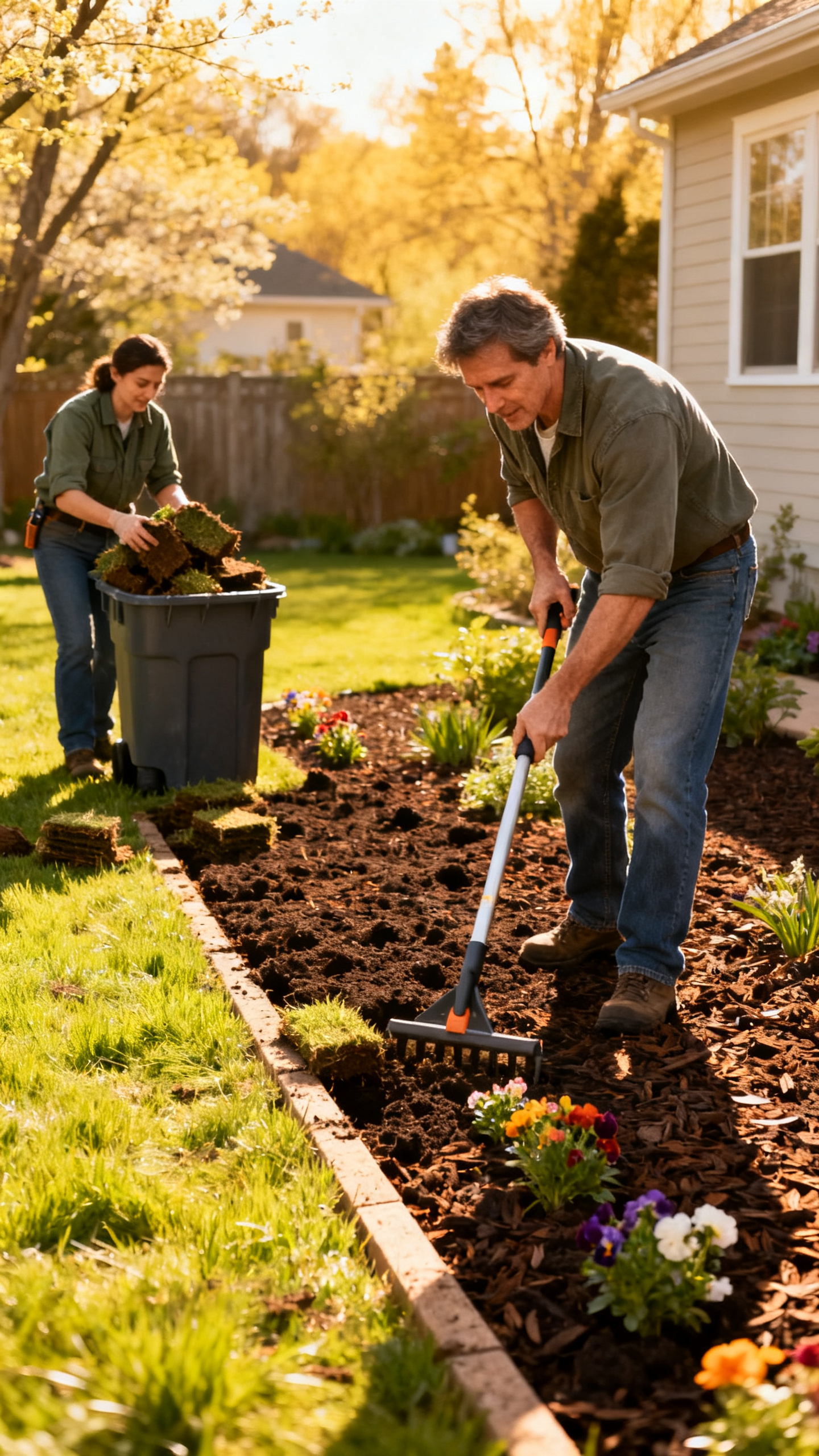 Homeowner edging a lawn border next to a mulched spring garden bed