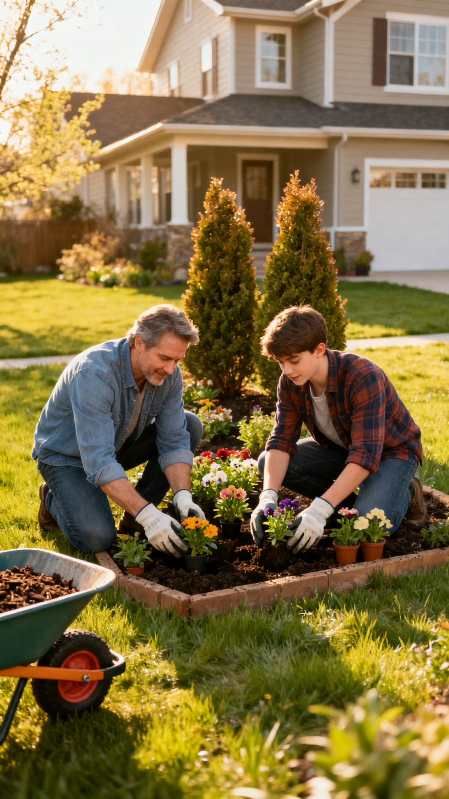 Parent and teen planting layered spring flower bed in a front yard
