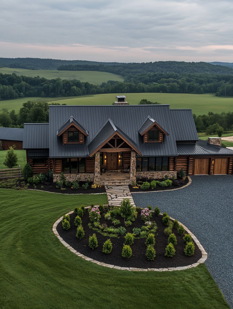 A large log cabin with a dark metal roof sits amid manicured lawns and landscaped gardens, surrounded by open fields and distant trees under a cloudy sky.