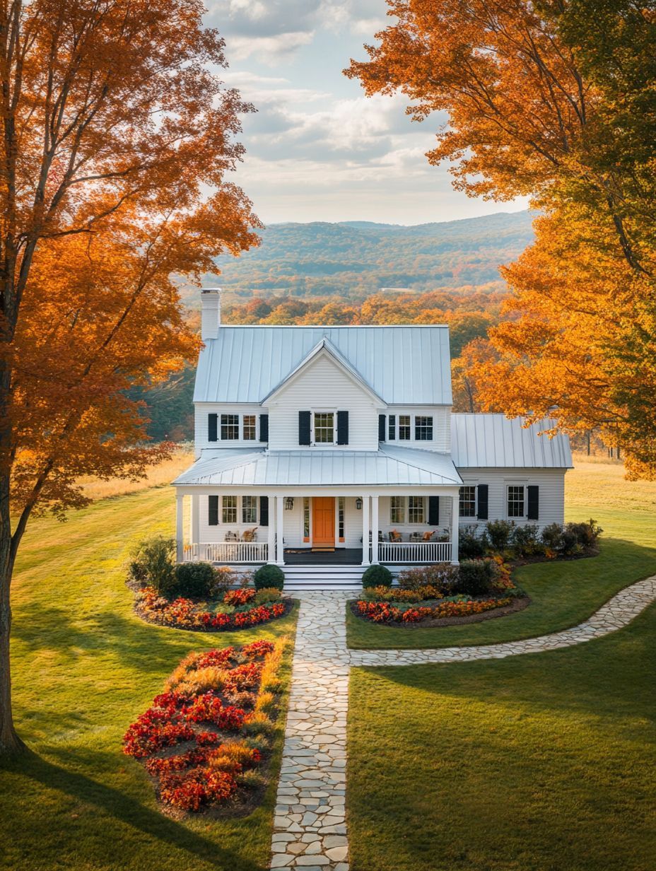 A white two-story house with a porch sits amid autumn trees, colorful flowers, and a stone walkway, surrounded by grassy hills and distant mountains.