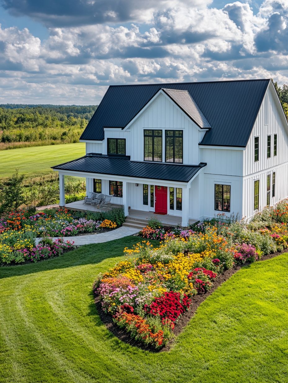 A modern white farmhouse with a black roof, surrounded by colorful flower gardens and green lawn under a partly cloudy sky.