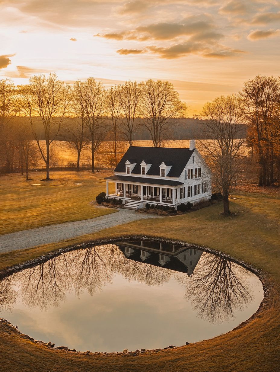 A white two-story house with a wraparound porch sits near a round pond reflecting trees and sky at sunset, surrounded by open grassy land and leafless trees.