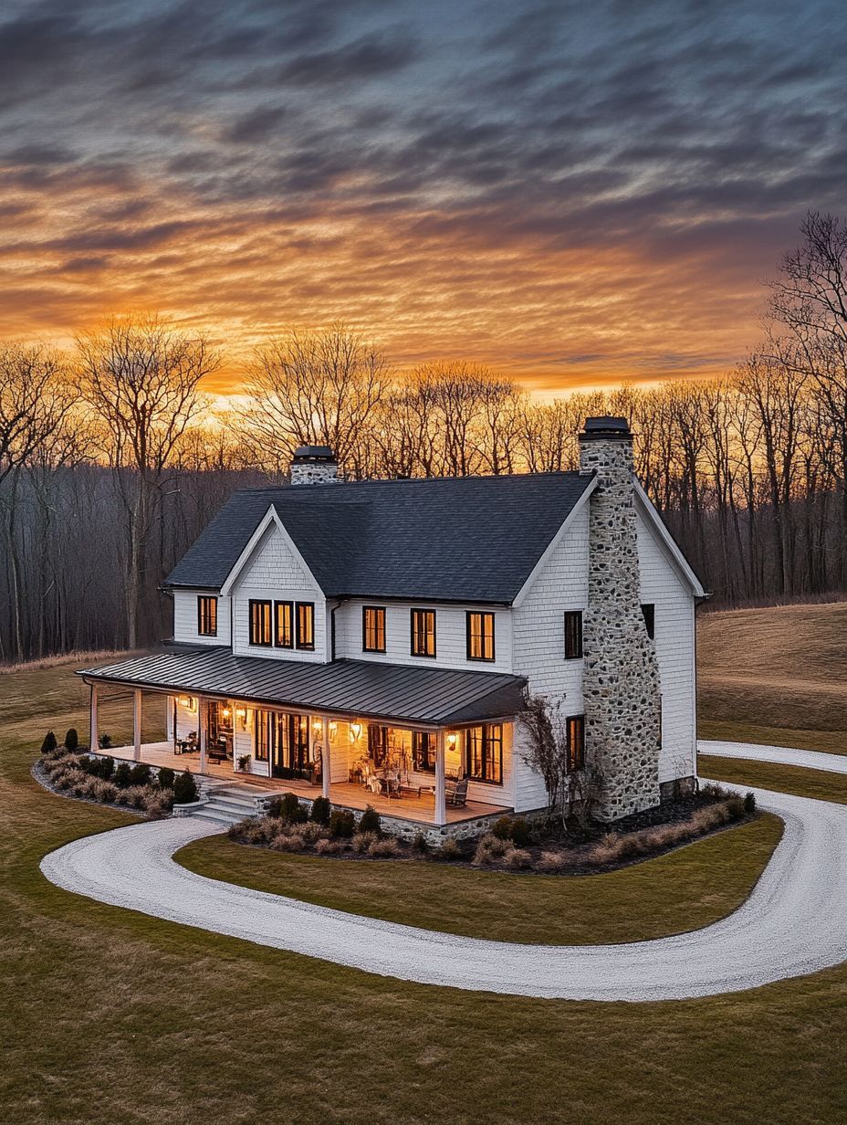 Two-story farmhouse with a wraparound porch and stone chimney, surrounded by a curved gravel driveway, set against a sunset sky and bare trees.