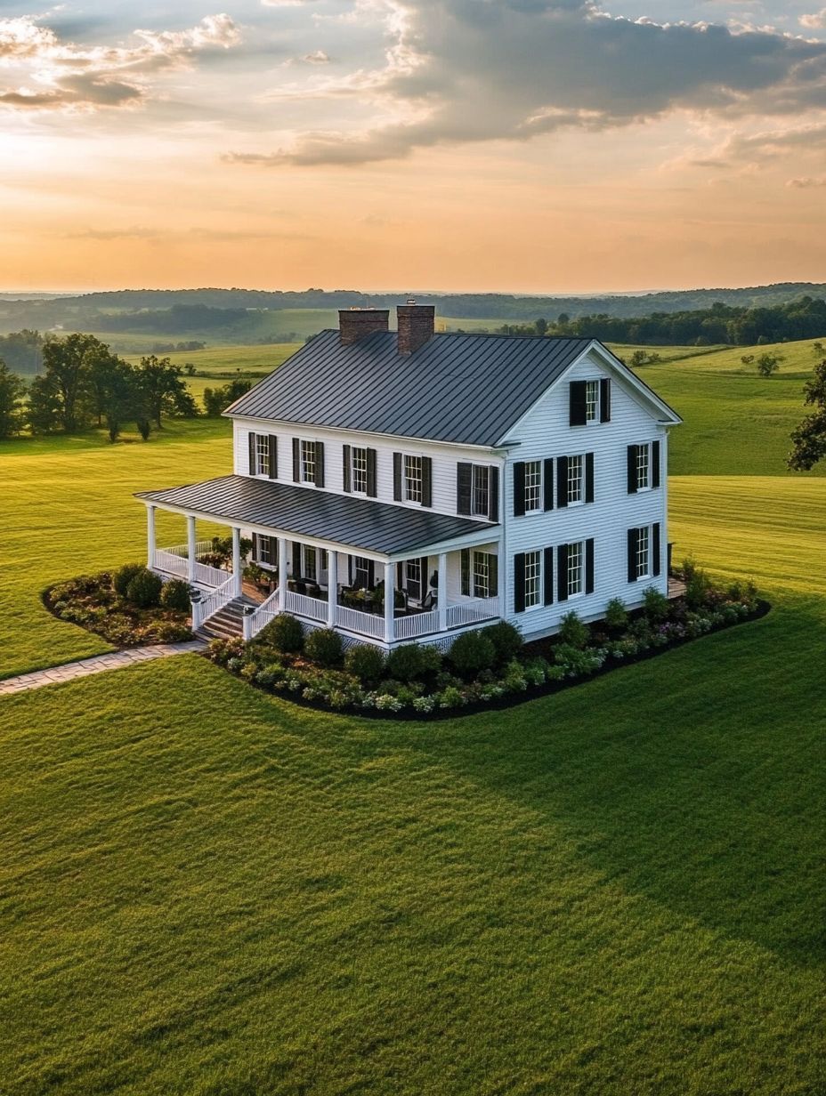 A white two-story farmhouse with a wraparound porch sits on a large, well-manicured lawn surrounded by open fields under a partly cloudy sky.