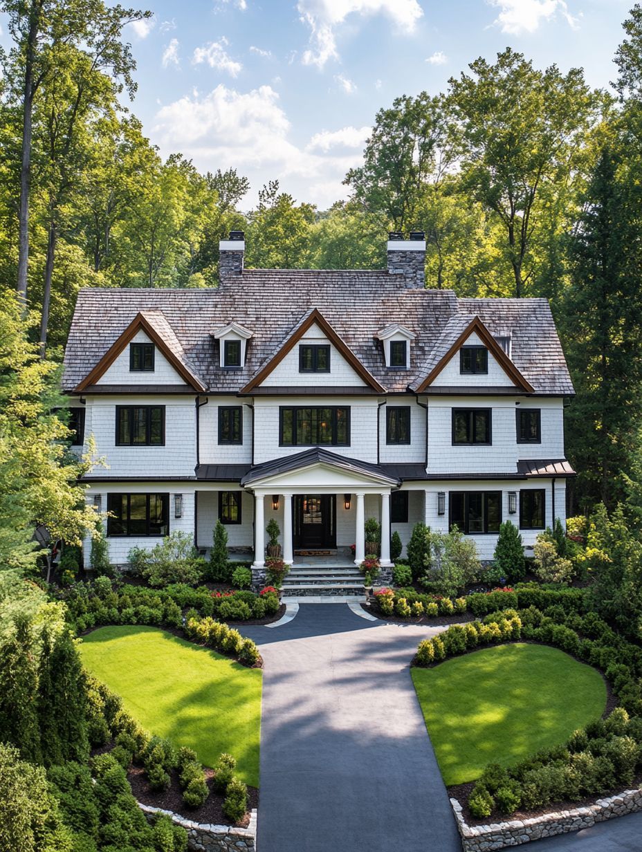 A large two-story white house with dark trim, a covered entrance, manicured lawns, gardens, and a paved driveway, surrounded by tall trees under a partly cloudy sky.