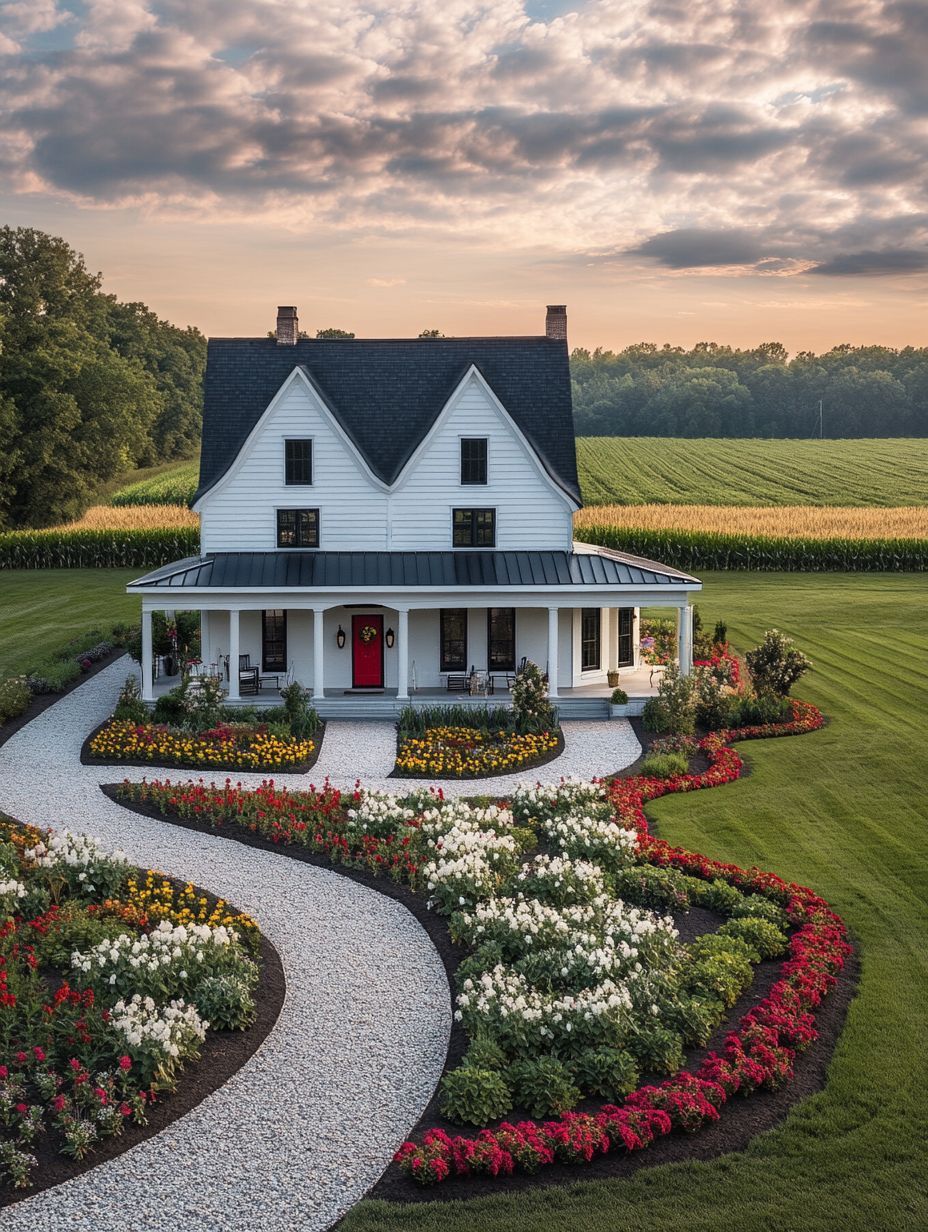 A two-story white farmhouse with a red door, wraparound porch, and manicured flower gardens stands in front of a cornfield under a partly cloudy sky.