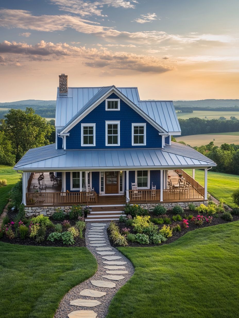 A blue two-story house with a metal roof, wraparound porch, and landscaped garden, set on a green lawn with a stone path, overlooking fields at sunset.