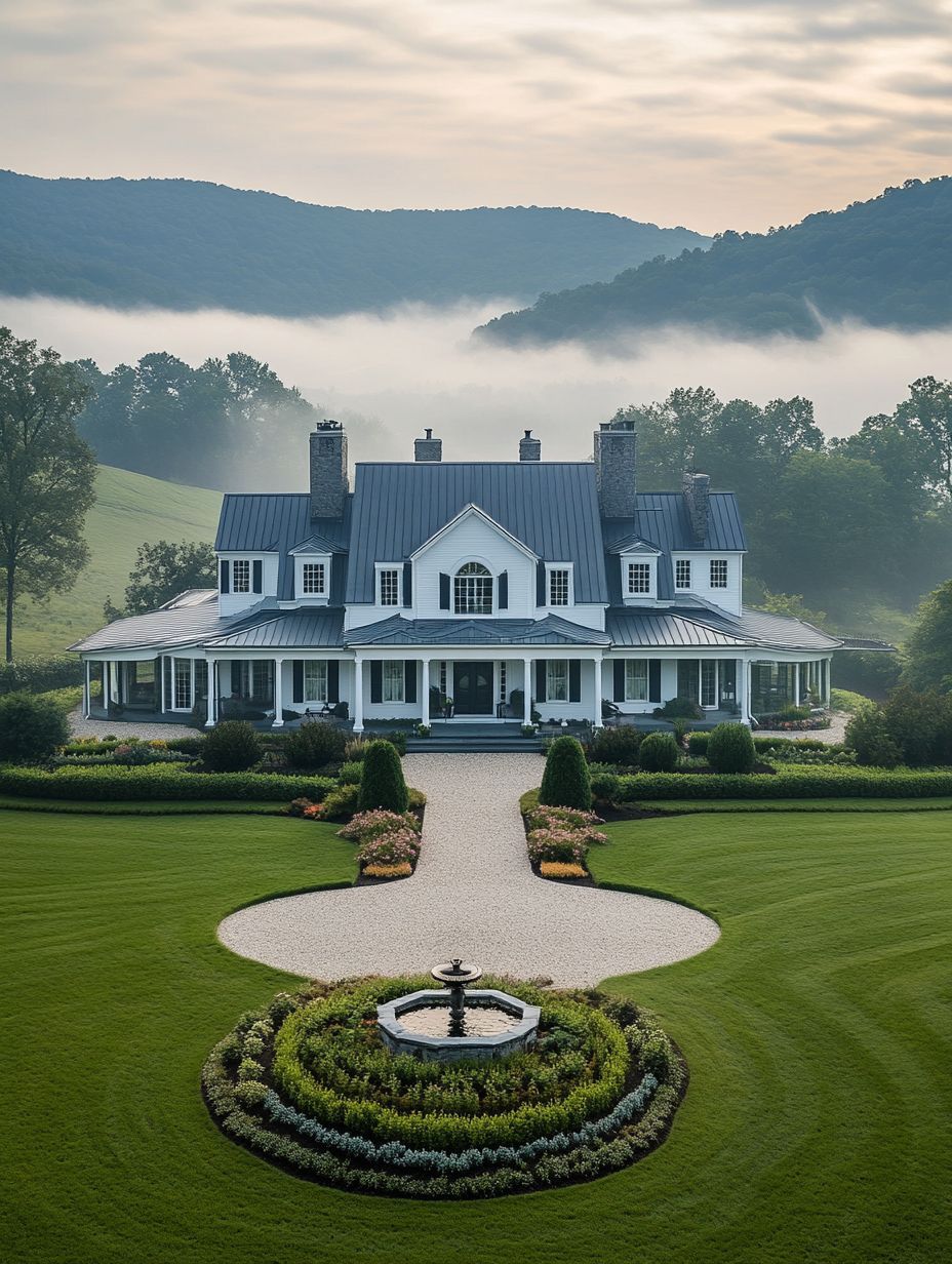 A large white house with a wraparound porch sits amid manicured lawns and gardens, with a circular driveway and fountain, surrounded by hills and morning mist.