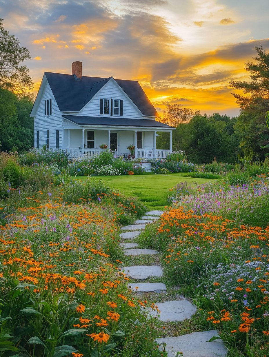 A white house with a front porch is surrounded by a colorful flower garden and a stone path, set against a sunset sky with scattered clouds.