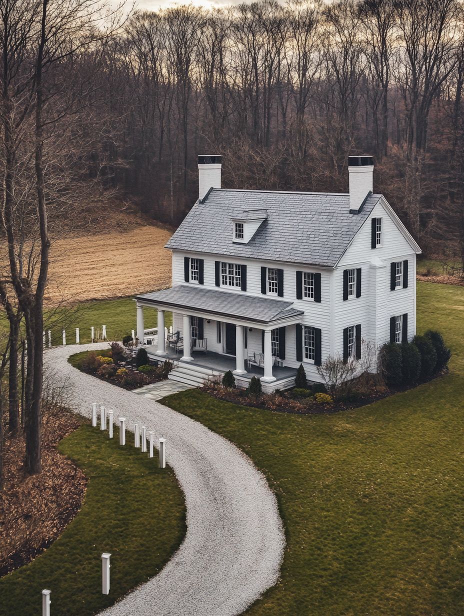 A two-story white house with black shutters sits amid a grassy yard, bordered by trees, with a curved gravel driveway leading to the front porch.
