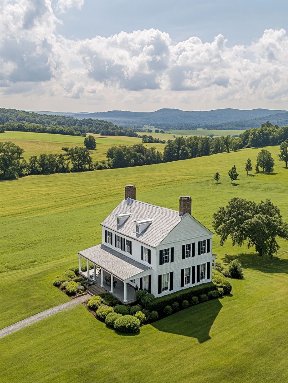 A white two-story house with a wraparound porch sits on a large, well-manicured lawn, surrounded by open fields and distant hills under a partly cloudy sky.