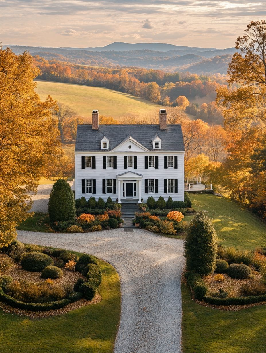 A white two-story house with black shutters sits at the center of a circular gravel driveway, surrounded by autumn trees and rolling hills in the background.