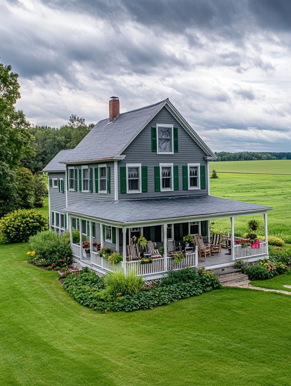 A two-story farmhouse with green shutters and a wraparound porch sits amid a well-manicured lawn and gardens, surrounded by open fields under a cloudy sky.