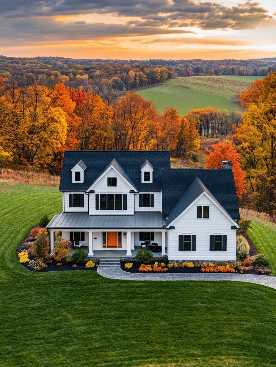 A two-story white house with black roof sits on a manicured lawn, surrounded by autumn trees and rolling hills under a partly cloudy sky.