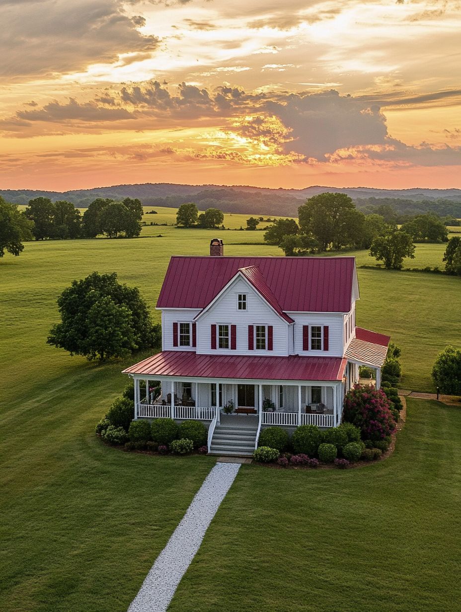 A white two-story house with a red roof stands in the middle of a large green field at sunset, with a straight gravel walkway leading to the front steps.