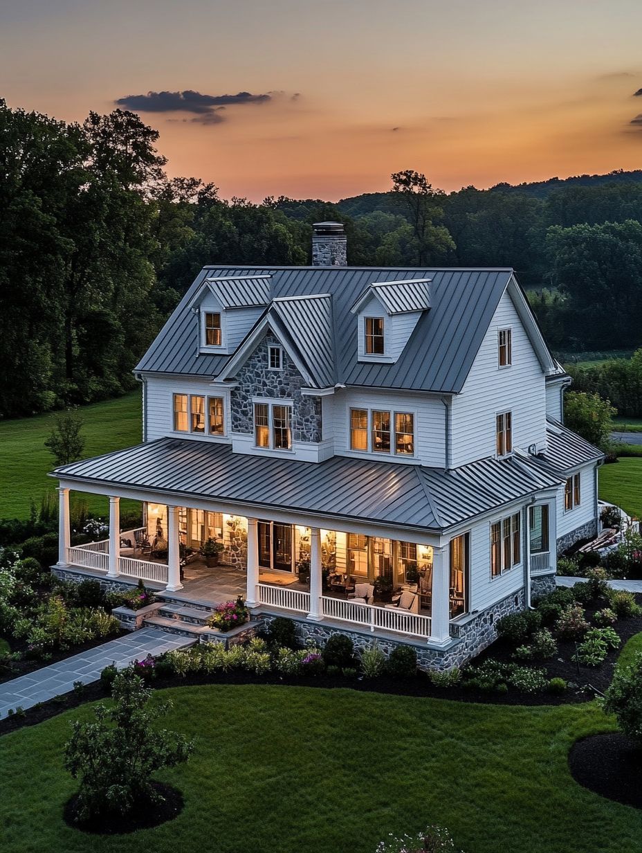 A large, white, three-story house with a wraparound porch, lit from within, sits amid landscaped gardens at sunset, surrounded by trees and green lawns.