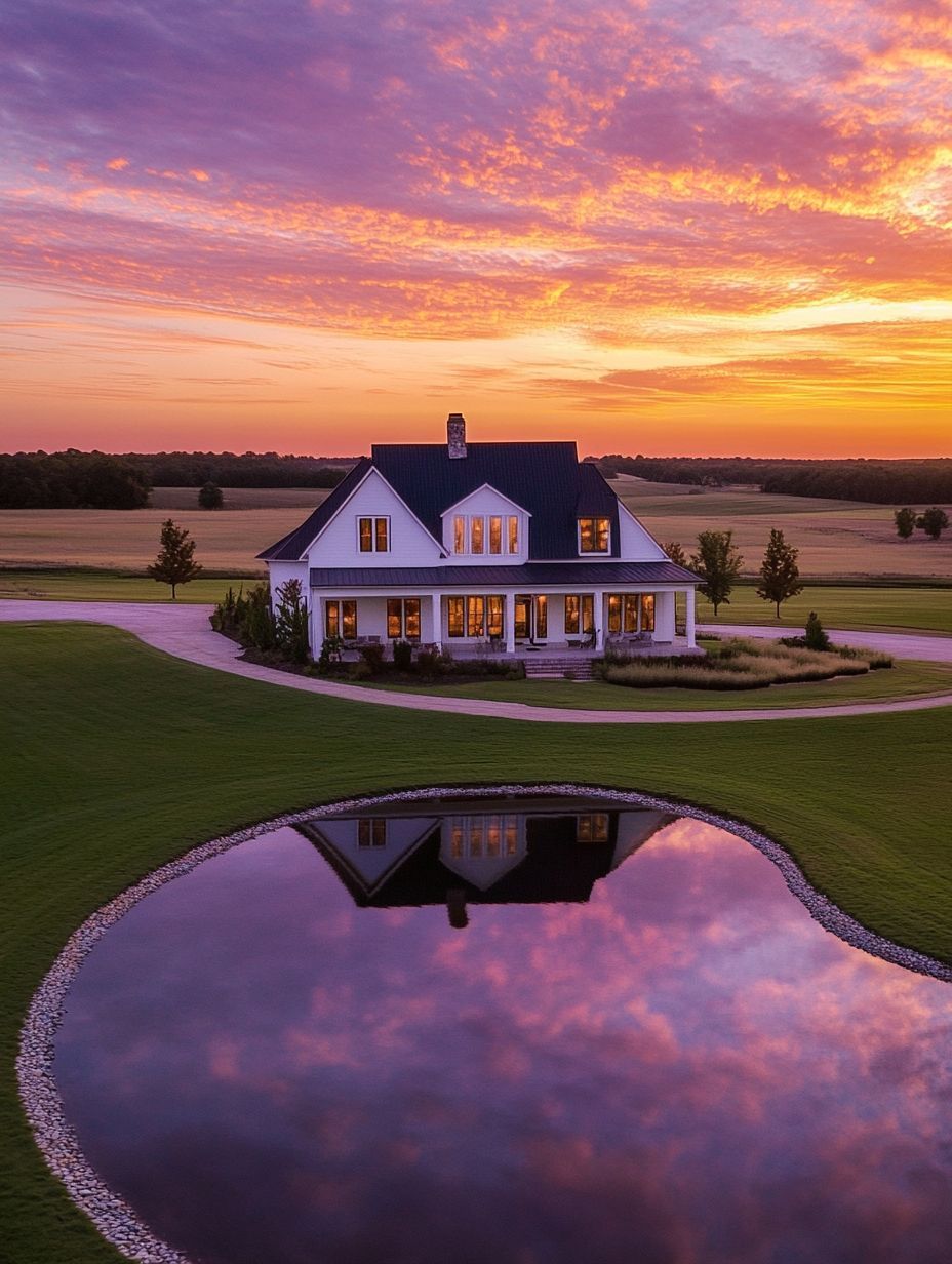 A white house with a porch sits near a round pond reflecting the sunset sky, surrounded by green lawn and fields under a colorful sky.