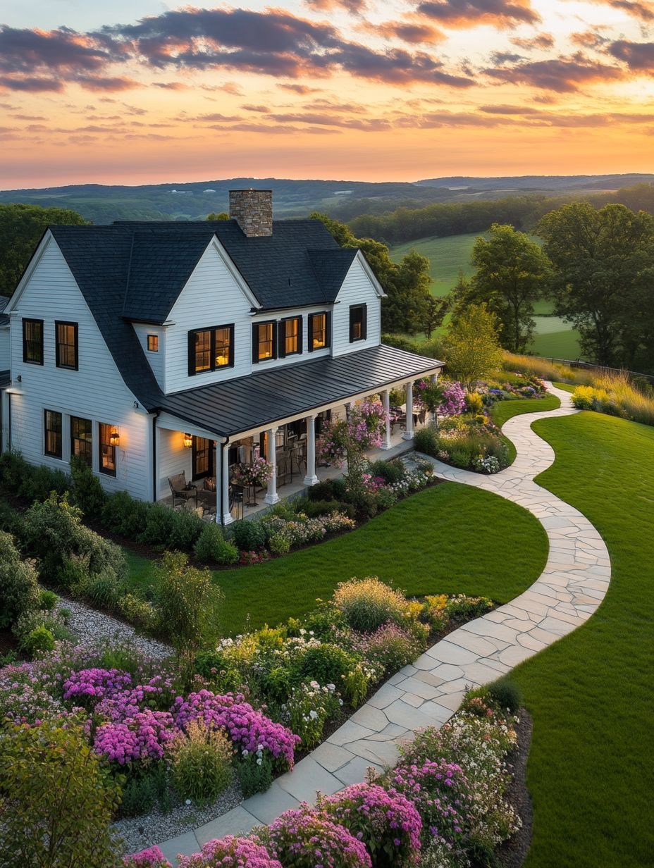 White two-story house with a front porch, surrounded by manicured lawns, colorful flower beds, and a curved stone pathway at sunset.