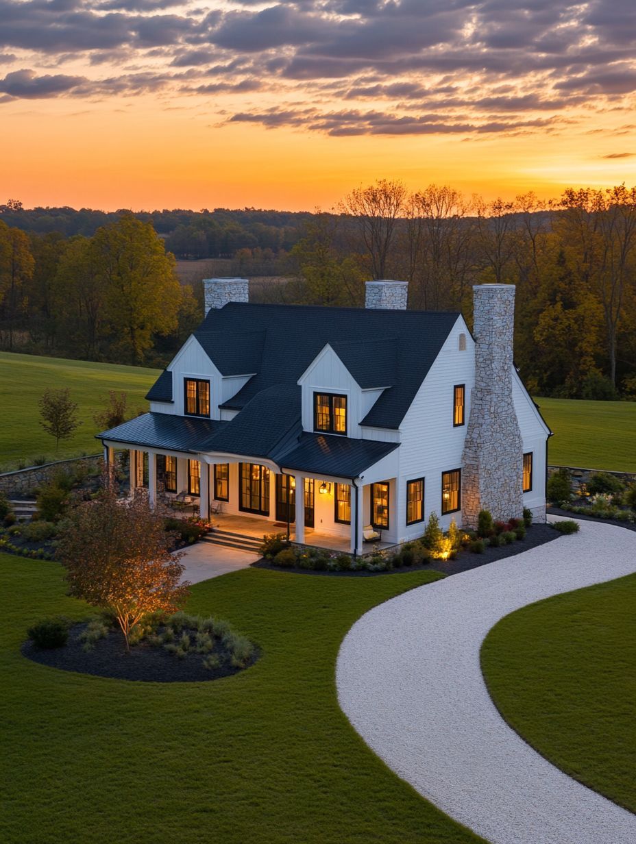 A white two-story house with a black roof, stone chimneys, and a wraparound porch is surrounded by a green lawn and a curved driveway at sunset.