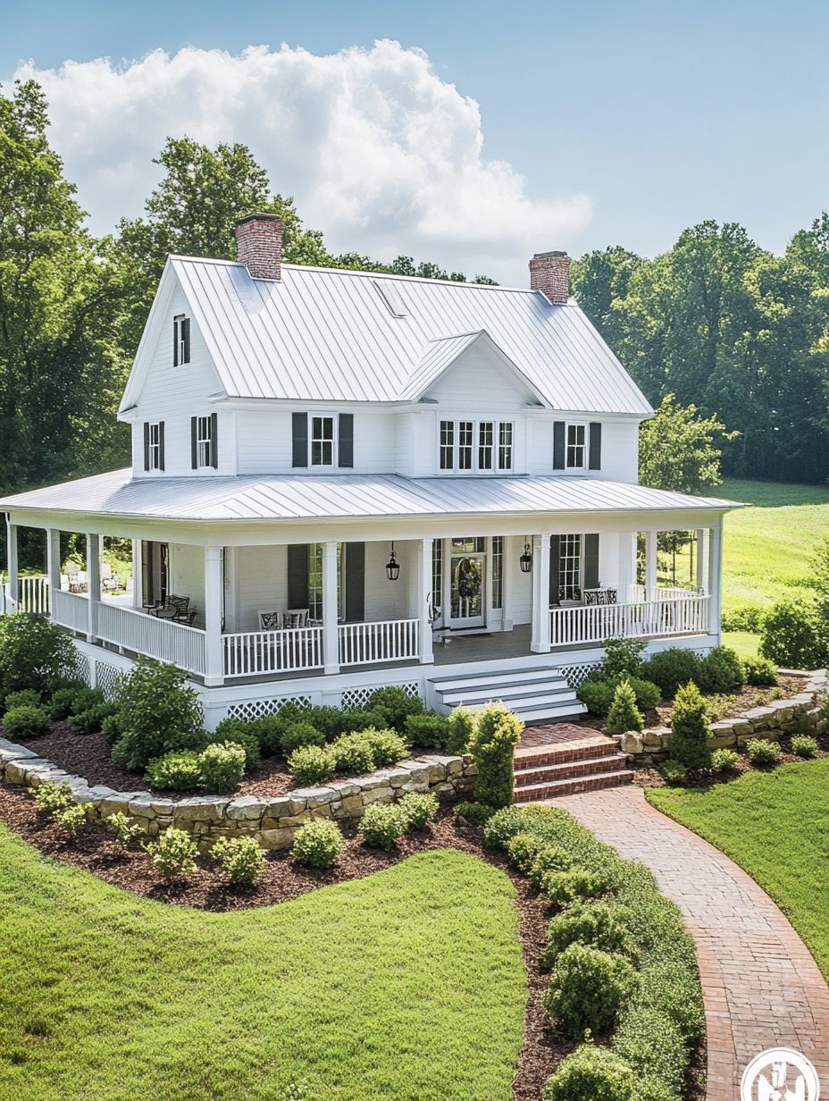 Two-story white farmhouse with a metal roof, wraparound porch, and brick walkway, surrounded by landscaped gardens and green lawn.