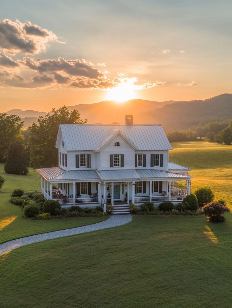 A white farmhouse with a wrap-around porch sits in a field at sunset, with mountains in the background.