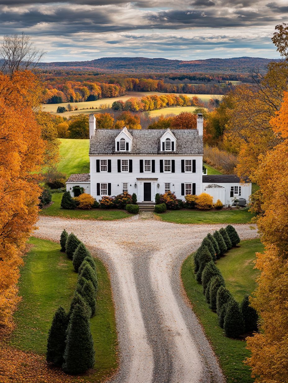 A white colonial-style house is surrounded by vibrant fall foliage. A gravel driveway splits in front of the house.