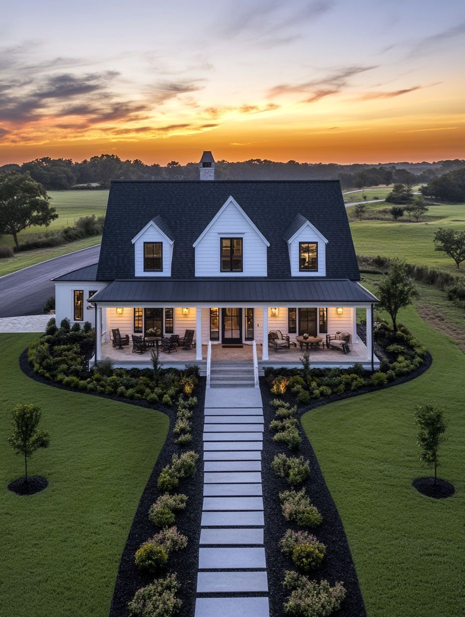A modern farmhouse-style house with a wraparound porch and a concrete pathway, set against a colorful sunset sky.