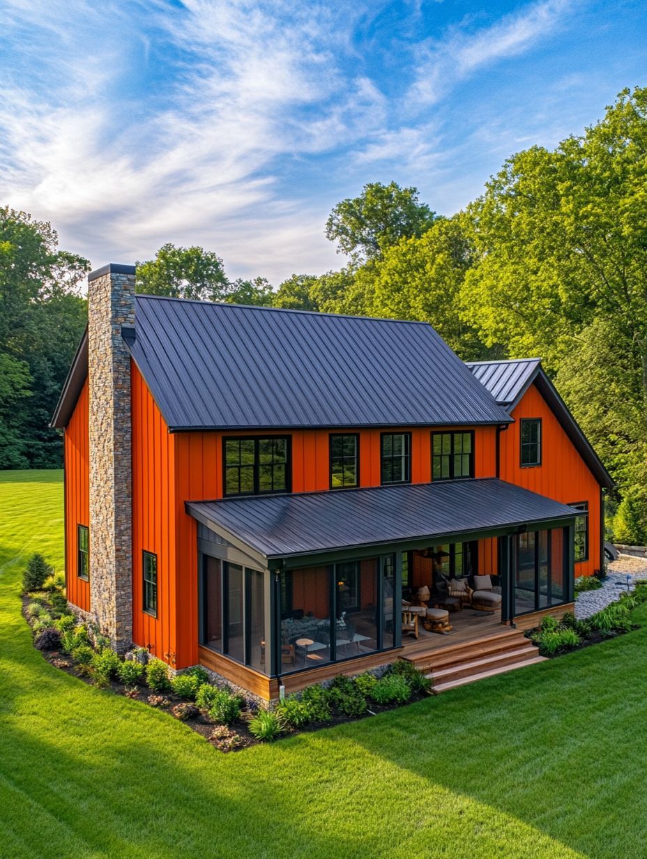 A modern two-story house with bright orange siding, black roof, stone chimney, and a screened porch, set on a well-manicured lawn with surrounding trees.