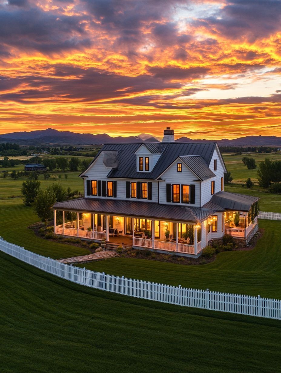 Two-story white farmhouse with a wraparound porch and lit windows, surrounded by a white picket fence and green lawn, under a dramatic sunset sky.
