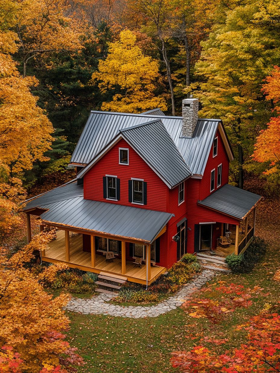 A red two-story house with a wraparound porch is surrounded by vibrant autumn trees with yellow, orange, and red leaves.