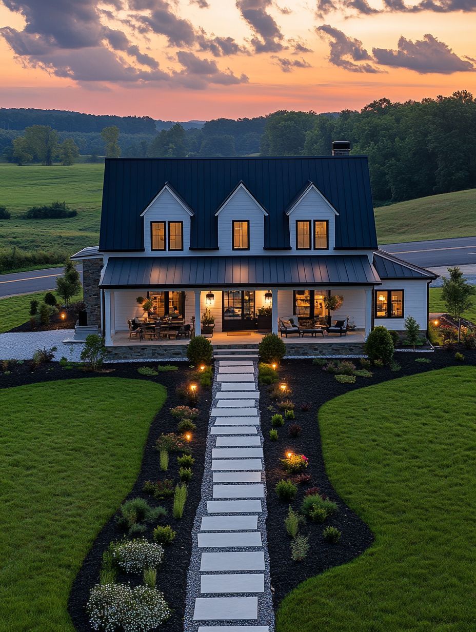 A modern farmhouse with a dark roof, white siding, front porch, and a lit stone walkway, surrounded by landscaped lawn and gardens at sunset.