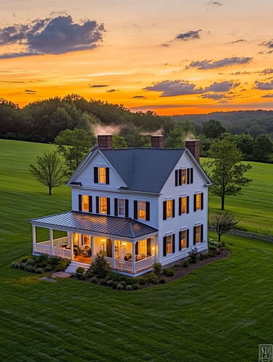 A white two-story house with a porch sits in a green field at sunset, with warm lights glowing inside and smoke rising from the chimneys.