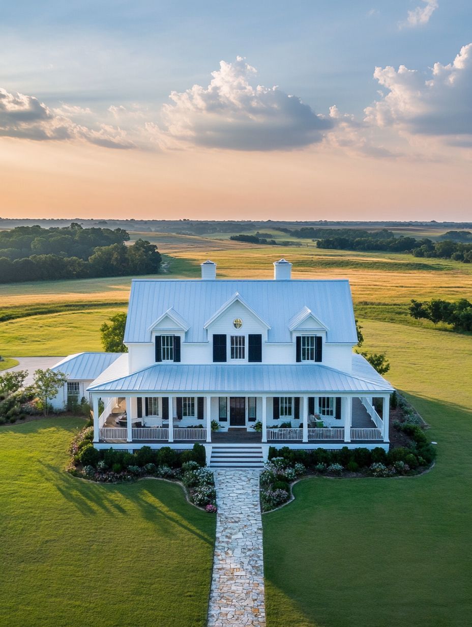 A white two-story farmhouse with a large wraparound porch sits on a manicured lawn, surrounded by fields and trees under a partly cloudy sky.
