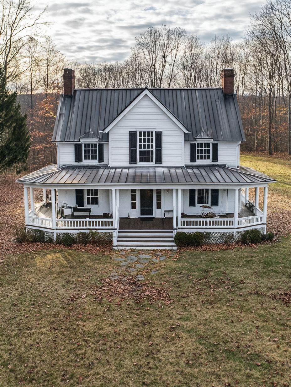 Two-story white house with a metal roof, front porch, and wraparound veranda, surrounded by autumn trees and fallen leaves.